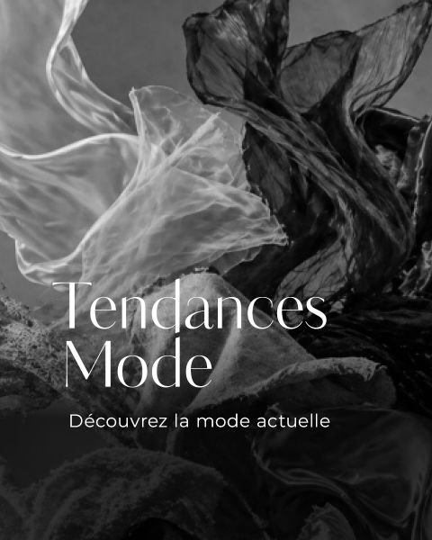 Image de mode abstraite en noir et blanc avec des tissus fluides et le texte « Tendances Mode. Découvrez la mode actuelle » en français.