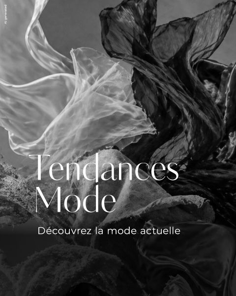 Image de mode abstraite en noir et blanc avec des tissus fluides et le texte « Tendances Mode. Découvrez la mode actuelle » en français.