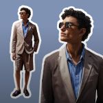 Mann mit Sonnenbrille, der einen hellbraunen Blazer, ein blau gestreiftes Hemd und hellbraune Shorts trägt und selbstbewusst vor einem Hintergrund mit braunem Farbverlauf steht.