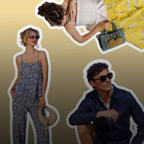 Trois personnes élégantes, portant des lunettes de soleil et des tenues d'été, debout et assises devant un fond jaune dégradé avec des contours blancs.
