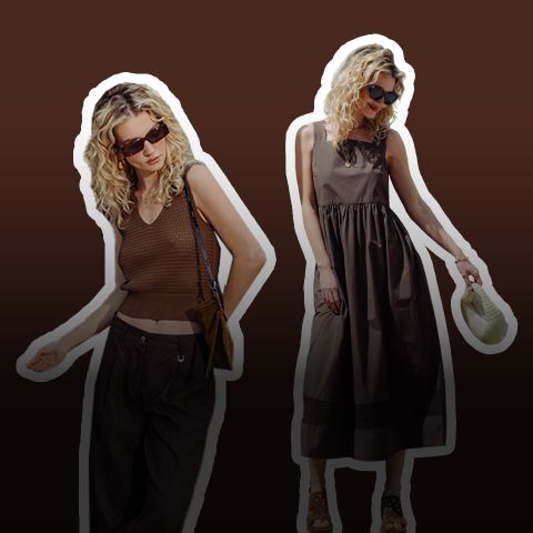 Deux femmes aux cheveux blonds bouclés portent des robes d'été marron : l'une avec un crop top en tricot et un pantalon, l'autre avec une robe midi sans manches et un chapeau.