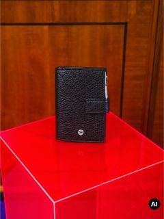 Un portefeuille en cuir noir est posé à la verticale sur un dé rouge brillant, devant un fond en bois et avec un symbole « AI » dans le coin inférieur droit.