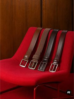 Quatre ceintures en cuir marron et noir avec des boucles argentées sont posées sur une chaise rouge moderne devant un fond en bois.