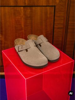 Une paire de sabots beiges en daim avec des boucles, posés sur un socle rouge transparent devant un mur en bois.