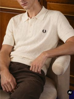 Un homme vêtu d'un polo en maille de couleur crème avec un logo brodé est assis sur une chaise beige, les bras détendus, et porte un pantalon marron. Des armoires en bois sont visibles en arrière-plan.