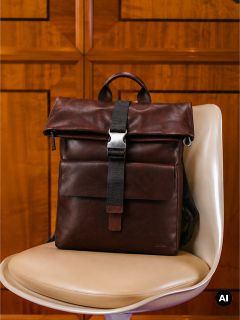 Un sac à dos en cuir marron avec une poche avant est posé sur une chaise beige devant une armoire en bois.