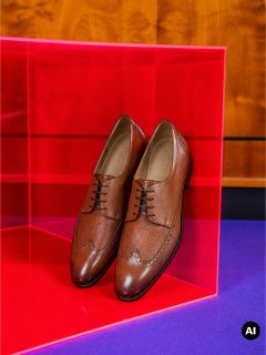 Une paire de chaussures de costume en cuir marron, présentée dans une boîte transparente rose sur un fond violet.