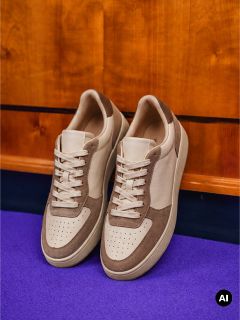 Une paire de baskets beige-marron avec des lacets blancs est posée sur un sol violet devant un fond en bois.