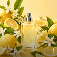 Un flacon de parfum, entouré de citrons frais, de tranches de citron, de feuilles vertes et de fleurs blanches sur fond jaune.