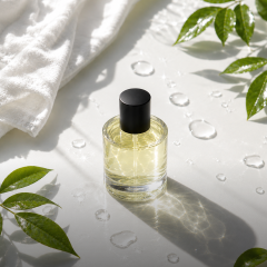 Un flacon de parfum transparent avec un bouchon noir repose sur une surface blanche avec des gouttes d'eau, des feuilles vertes et une serviette blanche à proximité.