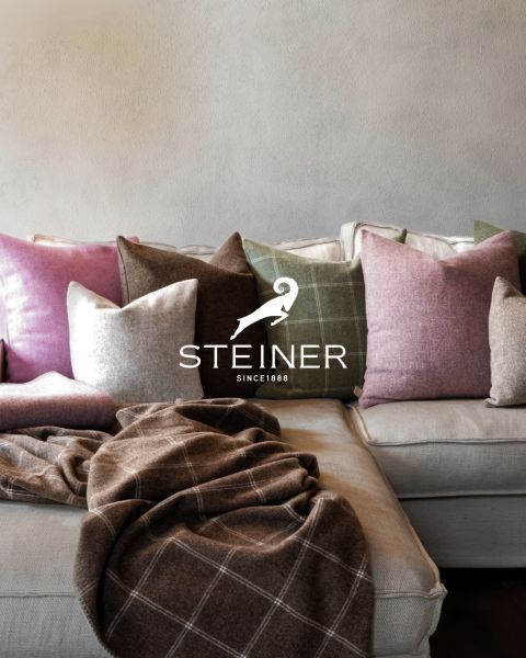 Un salon confortable avec un canapé gris, une couverture bleue, un plateau en bois avec une tasse et un bol, un lampadaire et des murs lambrissés. En bas, on peut voir le logo "STEINER".