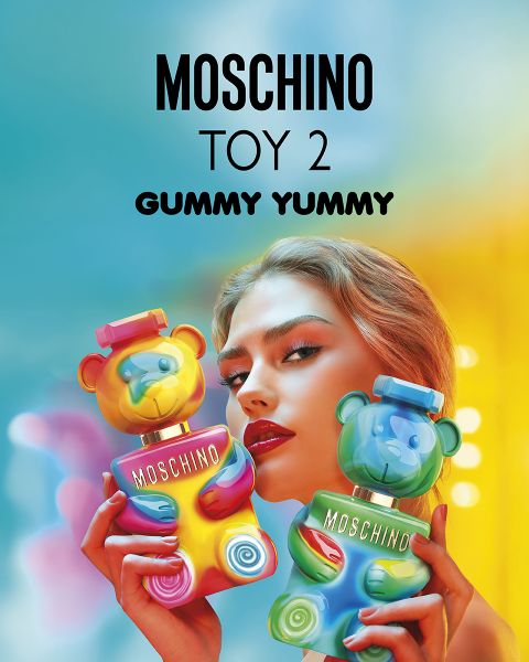 Homme torse nu en Lederhose et chapeau tenant un flacon de parfum Moschino en forme d'ours en peluche. Texte : « MOSCHINO TOY BOY EAU DE PARFUM. »