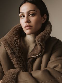 Une femme aux longs cheveux bruns et au maquillage neutre porte une veste en peau de mouton retournée marron et un pull à col roulé beige, et regarde directement la caméra avec une expression calme, devant un fond uni.