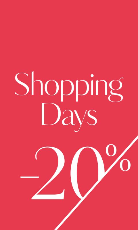 Fond rouge avec texte blanc indiquant « Shopping Days -20% ». Le texte est divisé par une ligne diagonale blanche.