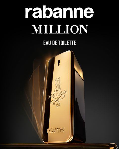 Un flacon de parfum doré rectangulaire avec l'inscription « 1 Million » de Rabanne et au-dessus le texte « MILLION EAU DE TOILETTE » sur fond noir.