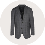 Ein grauer Zweiknopf-Herrenblazer mit dezentem Karomuster auf einem schlichten, hellen, runden Hintergrund. Der Blazer hat ein gekerbtes Revers und Vordertaschen.