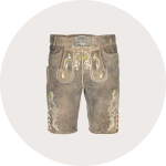 Traditionelle deutsche Lederhosen aus braunem Leder mit dekorativer Stickerei, seitlicher Schnürung und detaillierter Frontklappe, dargestellt auf einem schlichten hellen Hintergrund.