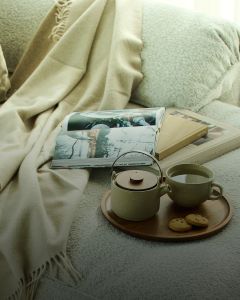 Un cadre confortable avec une douce couverture beige, un magazine ouvert et plusieurs livres sur un canapé. Un plateau en bois présente une théière, une tasse de thé et deux biscuits, créant une atmosphère chaleureuse et accueillante.