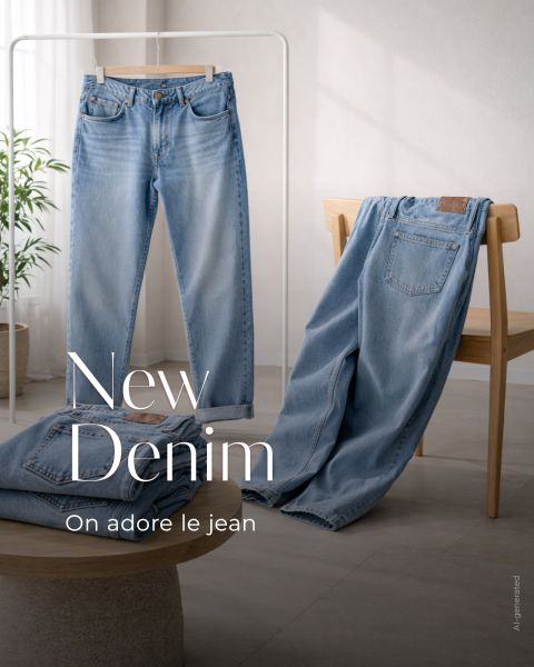 Un jean bleu est suspendu à un portant, un autre est drapé sur une chaise et un troisième est plié sur une table. Le texte dit : « New Denim. On adore le jean.