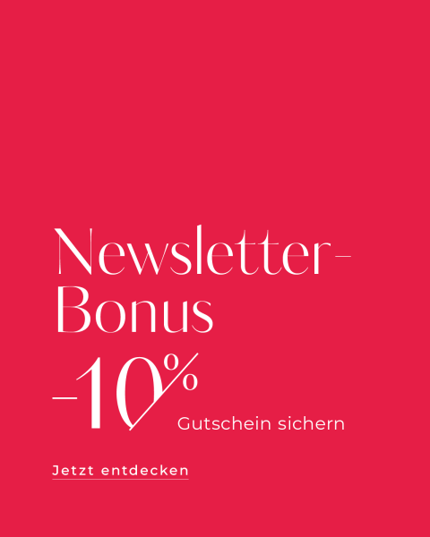 Fond rouge avec texte blanc en allemand offrant un bonus d'inscription à la newsletter : "Bonus Newsletter - Bénéficiez d'un bon de réduction de -10%". En dessous, en plus petit : "Découvrir maintenant", avec l'incitation à obtenir un bon de réduction de 10%.