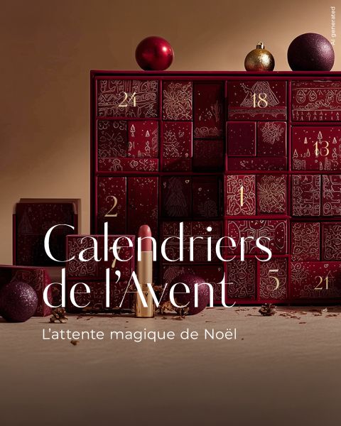 Un calendrier de l'Avent bordeaux avec des tiroirs numérotés, des ornements décoratifs et un rouge à lèvres est exposé sur une surface brune. Le texte blanc en français se lit comme suit : "Calendriers de l'Avent - L'attente magique de Noël.