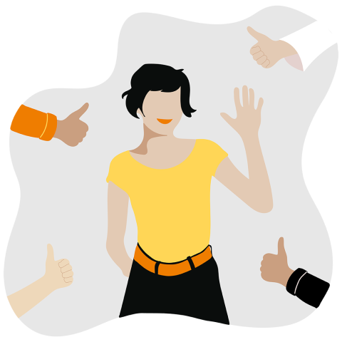 Illustration d'une personne souriante aux cheveux noirs courts, portant une chemise jaune et faisant un signe de la main. Quatre mains autour d'elle font des gestes de pouce levé, suggérant l'approbation ou le soutien.