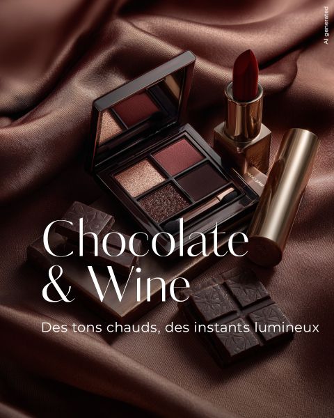 Une composition à plat d'une palette de maquillage aux tons chauds bruns et rouges, un rouge à lèvres rouge et des morceaux de chocolat noir sur un tissu brun soyeux. Le texte est : "Chocolat & Vin. Des tons chauds, des instants lumineux."