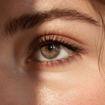 Eine Nahaufnahme eines haselnussbraunen Auges mit langen Wimpern und gepflegten Augenbrauen, die eine detaillierte Hautstruktur und Sommersprossen zeigen, sanft beleuchtet von natürlichem Licht.