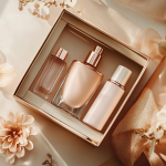 Eine Geschenkbox mit drei eleganten Kosmetikflaschen in zarten Gold- und Nude-Tönen, umgeben von zarten Blumen und durchsichtigem Stoff auf hellem Hintergrund.