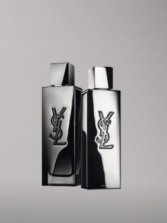 Deux élégants flacons de parfum argentés avec le logo YSL sur le devant, devant un fond gris uni.