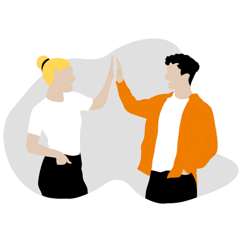 Illustration d'une femme et d'un homme se faisant un high-five. La femme a les cheveux blonds relevés en chignon et porte une chemise blanche et une jupe noire. L'homme a les cheveux foncés, porte une veste orange, une chemise blanche et un pantalon noir.