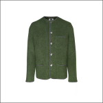 Eine grüne Wolljacke mit Stehkragen, silbernen Knöpfen und schwarzem Besatz an den Rändern und Taschen, die vor einem schlichten weißen Hintergrund gezeigt wird.