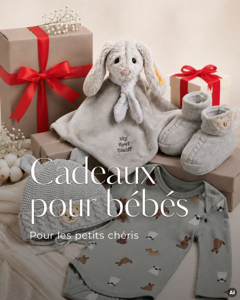Cadeaux de bébé, dont un lapin en peluche, des chaussons de bébé, une grenouillère et des cadeaux emballés avec des rubans rouges, présentés sur un fond beige avec du texte français.