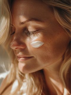Gros plan d'une femme aux cheveux blonds et aux yeux fermés, montrant la texture naturelle de sa peau et ses taches de rousseur, avec une touche de crème blanche sous son œil droit, dans une lumière douce et naturelle.