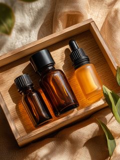 Trois petites bouteilles en verre, deux brunes avec des bouchons à vis noirs et une dépolie avec un compte-gouttes, sont posées dans un plateau en bois sur une surface en tissu clair avec des feuilles vertes à proximité. La lumière du soleil crée une atmosphère chaleureuse et naturelle.