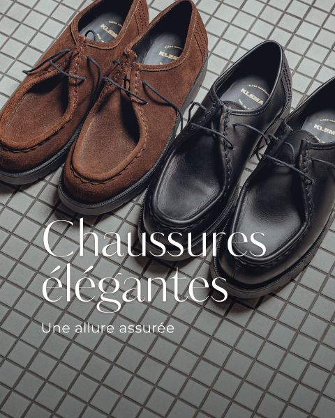 Deux paires de chaussures élégantes, une en daim marron et une en cuir noir, sont posées sur un sol carrelé. Le texte est "Chaussures élégantes" et "Une allure assurée".