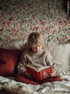 Un jeune enfant aux cheveux blonds est assis sur un lit avec des draps rouges et blancs et lit un livre rouge avec un sapin de Noël sur la couverture. Le mur derrière est orné d'un papier peint à fleurs.