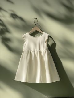 Une simple robe blanche sans manches pour enfant est suspendue à un cintre en bois devant un mur vert pâle, la douce lumière du soleil et les ombres des feuilles créant une atmosphère douce et paisible.