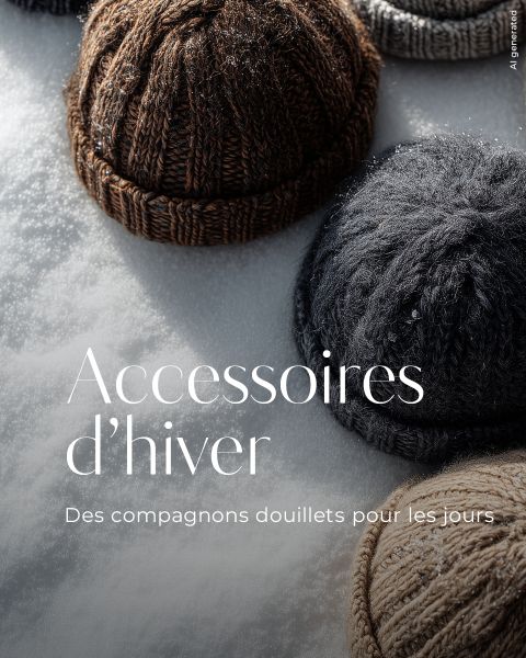 Plusieurs bonnets d'hiver tricotés dans des tons de brun, de gris et de beige sont posés sur la neige. Le texte français se lit comme suit : "Accessoires d'hiver. Des compagnons douillets pour les jours.