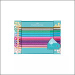 Ein Set von zwölf farbenfrohen Faber-Castell Bleistiften mit gepunkteten Mustern, arrangiert in einer türkisfarbenen Box mit floralen Mustern, und einem passenden türkisfarbenen Spitzer inklusive.