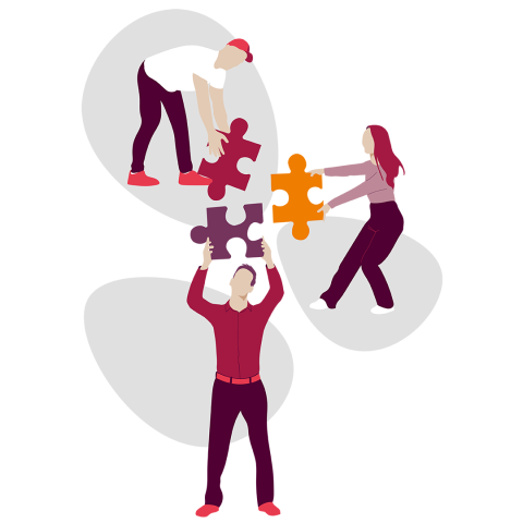 Illustration de trois personnes travaillant ensemble pour assembler de grandes pièces de puzzle, symbolisant le travail d'équipe et la collaboration. Deux se tiennent au sol tandis que la troisième personne tend la main d'en haut.