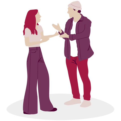 Illustration d'une femme et d'un homme debout en train de discuter. La femme a les cheveux longs et porte un haut blanc avec un pantalon violet, tandis que l'homme porte une casquette, une chemise ouverte, un pantalon rouge et des chaussures claires.