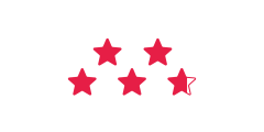 Cinq étoiles alignées sur un fond blanc, dont quatre étoiles entièrement remplies en rouge et la cinquième étoile à droite est bordée de rouge, mais non remplie.