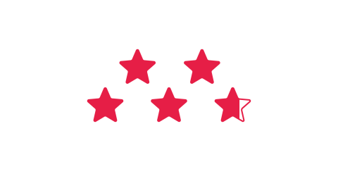 Cinq étoiles alignées sur un fond blanc, dont quatre étoiles entièrement remplies en rouge et la cinquième étoile à droite est bordée de rouge, mais non remplie.
