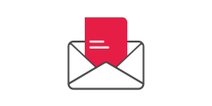 Illustration simple d'une enveloppe ouverte avec une lettre ou un document rouge à l'intérieur, sur un fond gris clair uni.