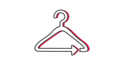 Un dessin minimaliste d'un cintre, bordé de noir avec une ombre rouge. À l'extrémité inférieure du cintre, une flèche pointe vers la droite et est intégrée à la forme du cintre. Le fond est blanc.