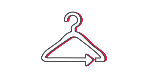 Un dessin minimaliste d'un cintre, bordé de noir avec une ombre rouge. À l'extrémité inférieure du cintre, une flèche pointe vers la droite et est intégrée à la forme du cintre. Le fond est blanc.