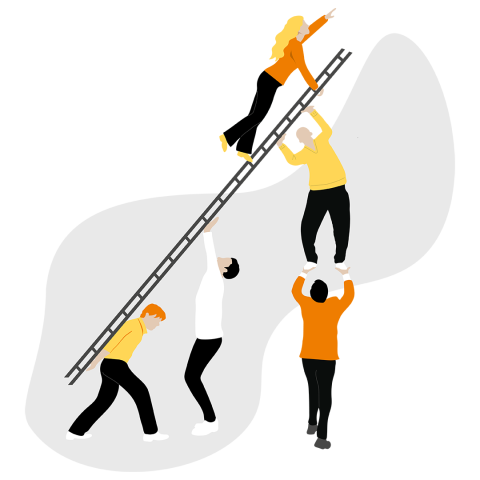 Quatre personnes travaillent ensemble pour tenir une échelle, tandis qu'une cinquième personne monte à l'échelle et pointe vers l'avant, symbolisant le travail d'équipe et le soutien. L'illustration utilise des couleurs simples et plates.