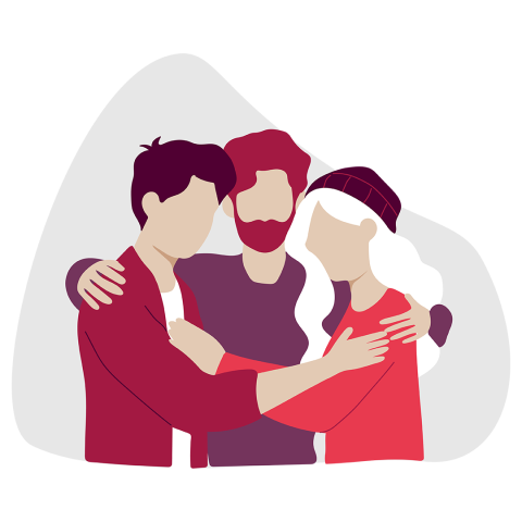 Illustration de trois personnes proches, enlacées dans une étreinte de groupe. Les personnages ont des traits faciaux simples et portent des vêtements décontractés rouges et violets, une personne portant un bonnet et une autre ayant de longs cheveux blancs.