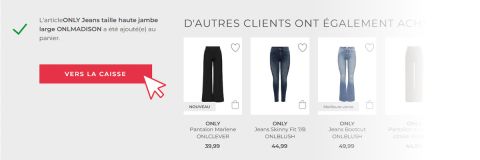 Une capture d'écran d'un panier d'achat en ligne montre une notification indiquant que SEULS les jeans à jambes larges ont été ajoutés, avec un bouton rouge "Passer à la caisse" et des suggestions de jeans similaires sur le côté droit.